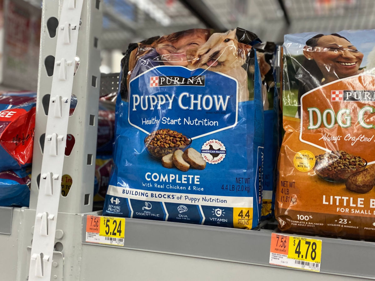 walmart shelf with Purina Puppy Chow Dry Dog Food