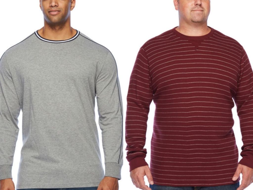 two men wearing long sleeve crewneck shirts shown from neck down