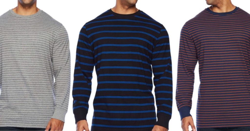 three men's torsos wearing the same long sleeve crew neck shirt in different colors