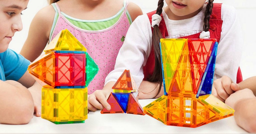 kids playing with magnetic tiles