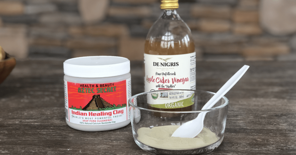 Indian healing clay mask with apple cider vinegar and bowl for mixing