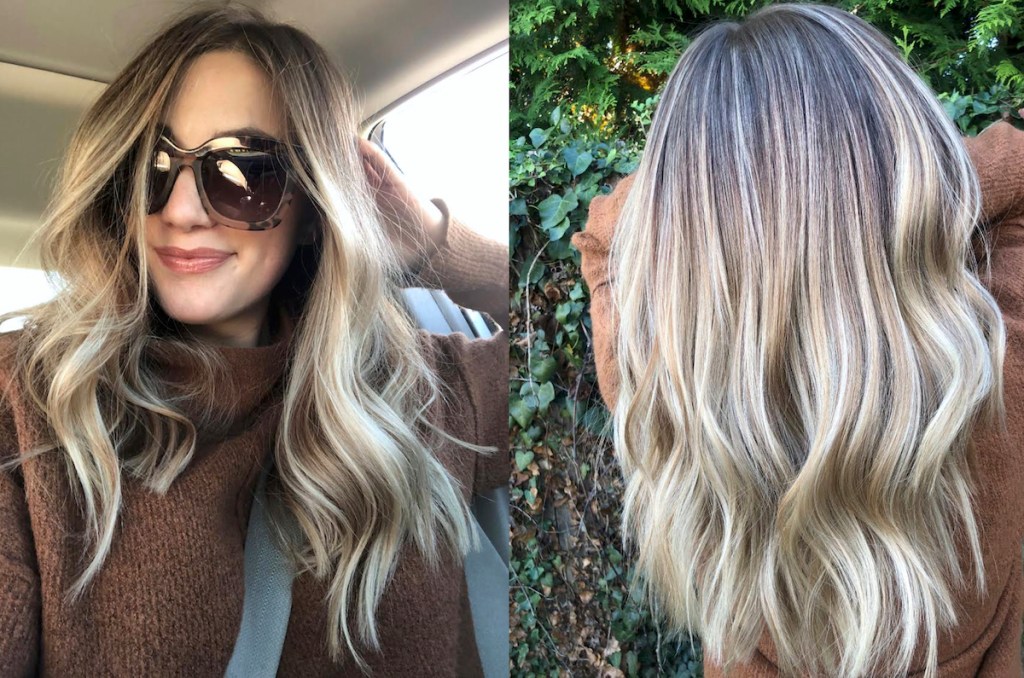 woman wearing glasses next to photo of blonde wavy hair outside