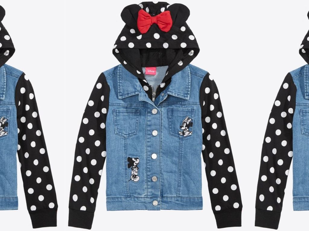 girls denim jacket with minnie mouse them hood and sleeves