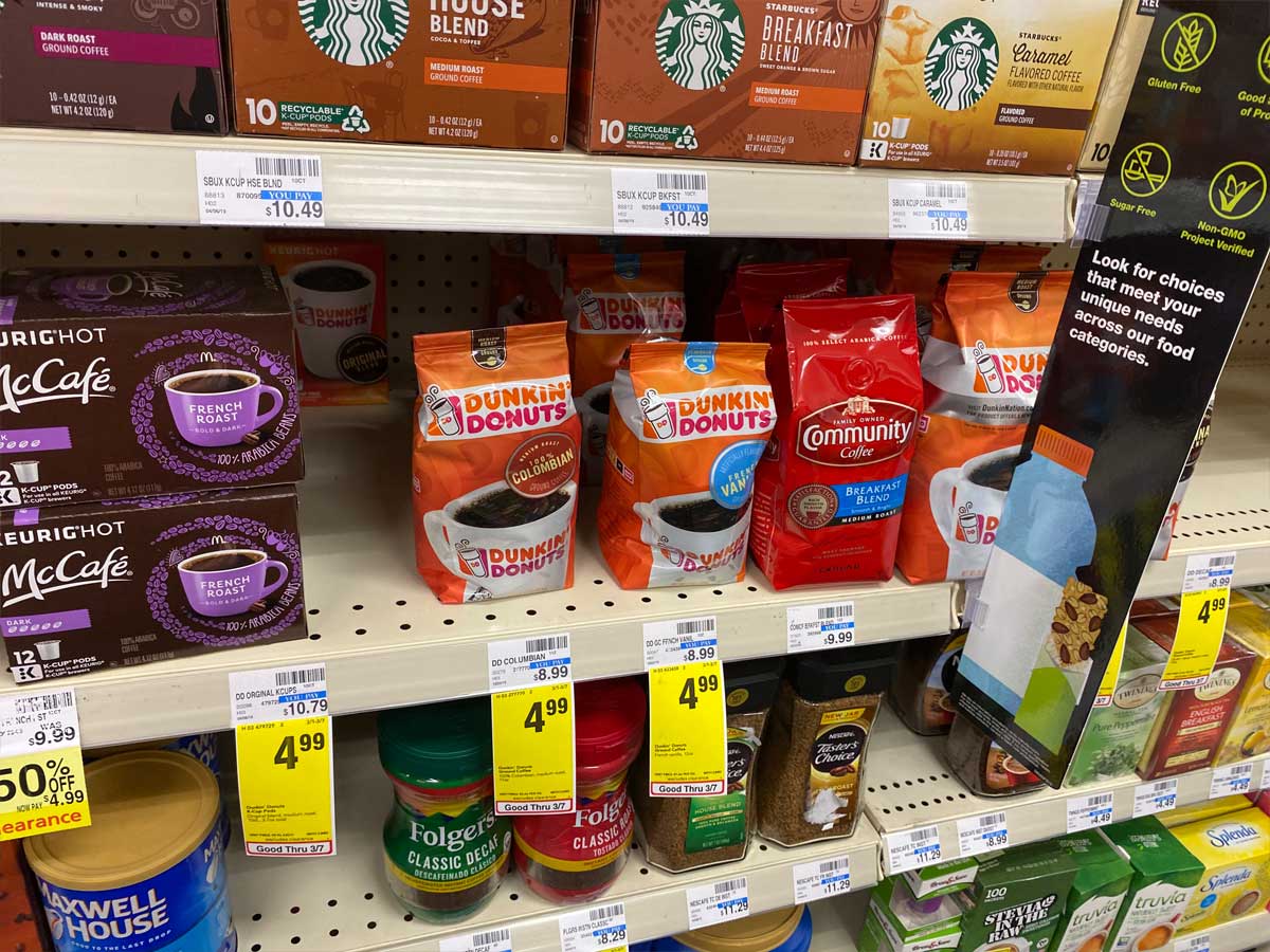 Dunkin Donuts Coffee on a shelf in store