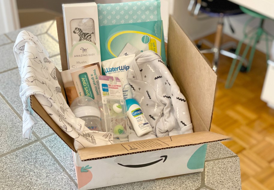 baby items in an amazon welonlinee box, one of the best Amazon Prime perks and membership benefits of 2024