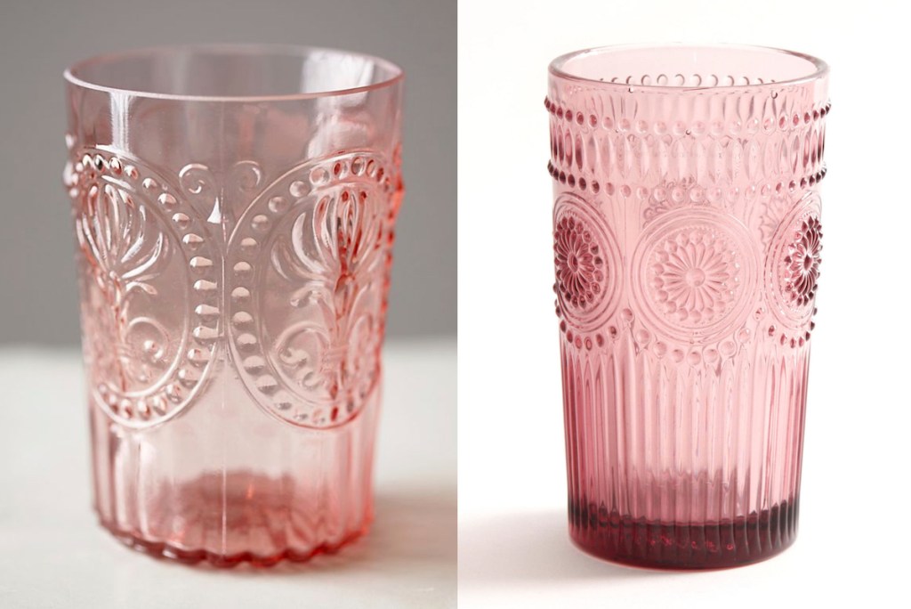 side by side stock photos of pink drinking glasses