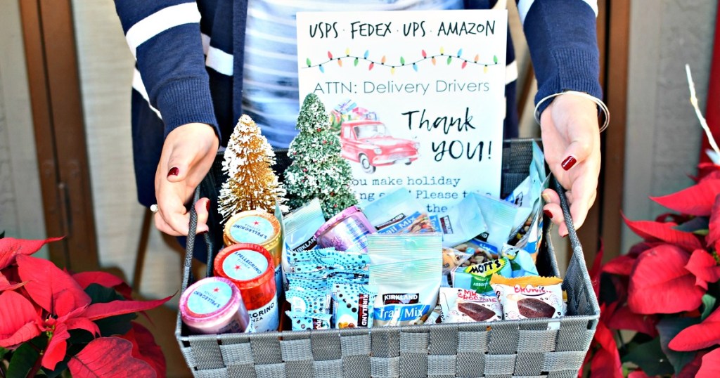 holding a basket of snacks for delivery drivers