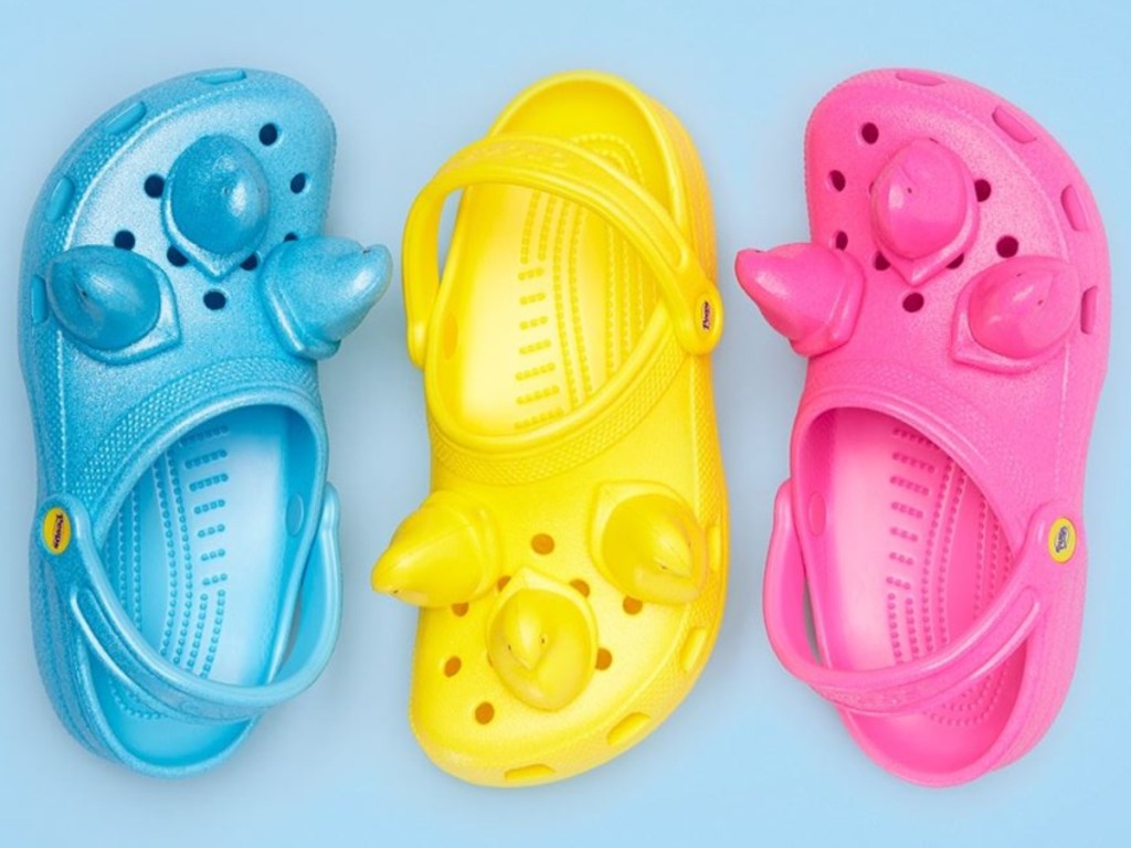 3 Crocs with Peeps on them