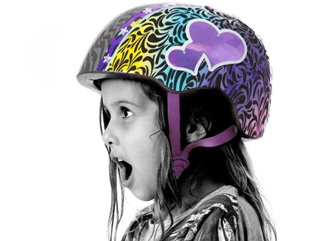 girl wearing heart helmet