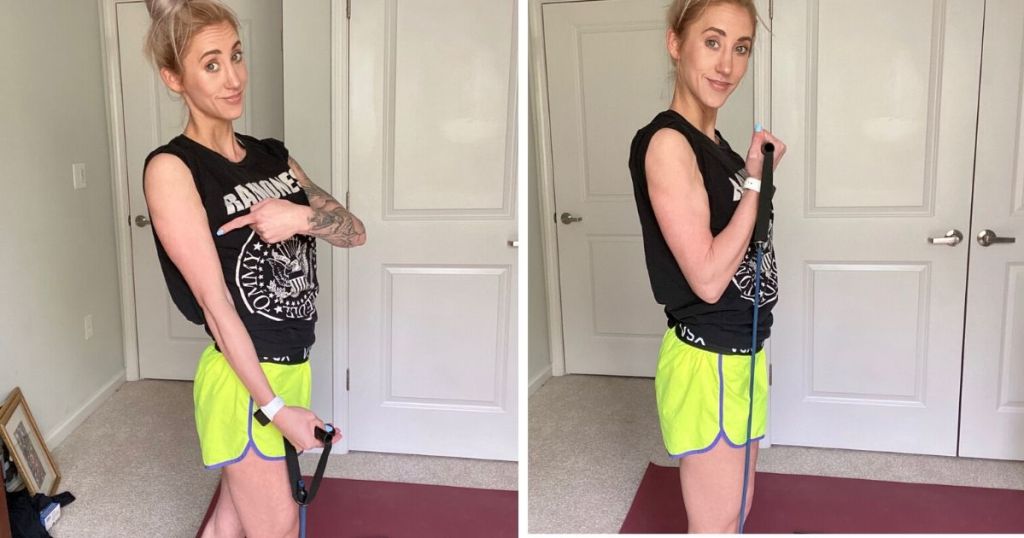 Woman demonstrating bicep curls with resistance band