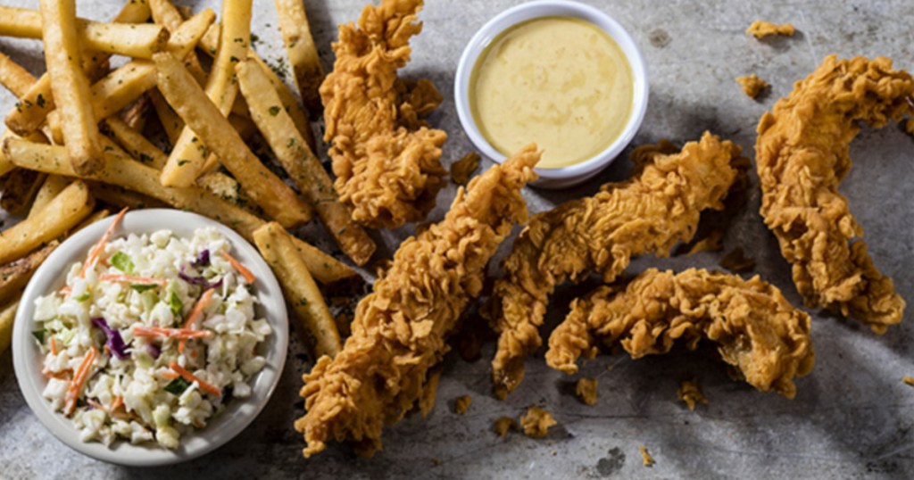 cheddars chicken tenders with coleslaw, fries, and honey mustard