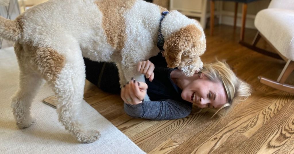 Woman laying on the floor laughing as her dog climbs on her and gives kisses