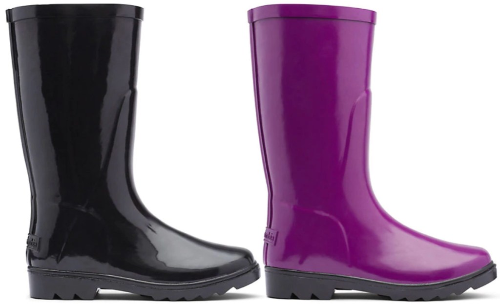 black and purple colored columbia rain boots