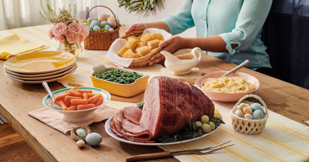 Ham dinner on a table set for Easter