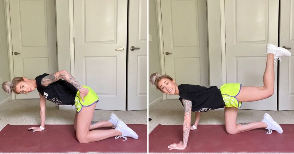 Woman demonstrating donkey kick exercise on a yoga mat on the floor