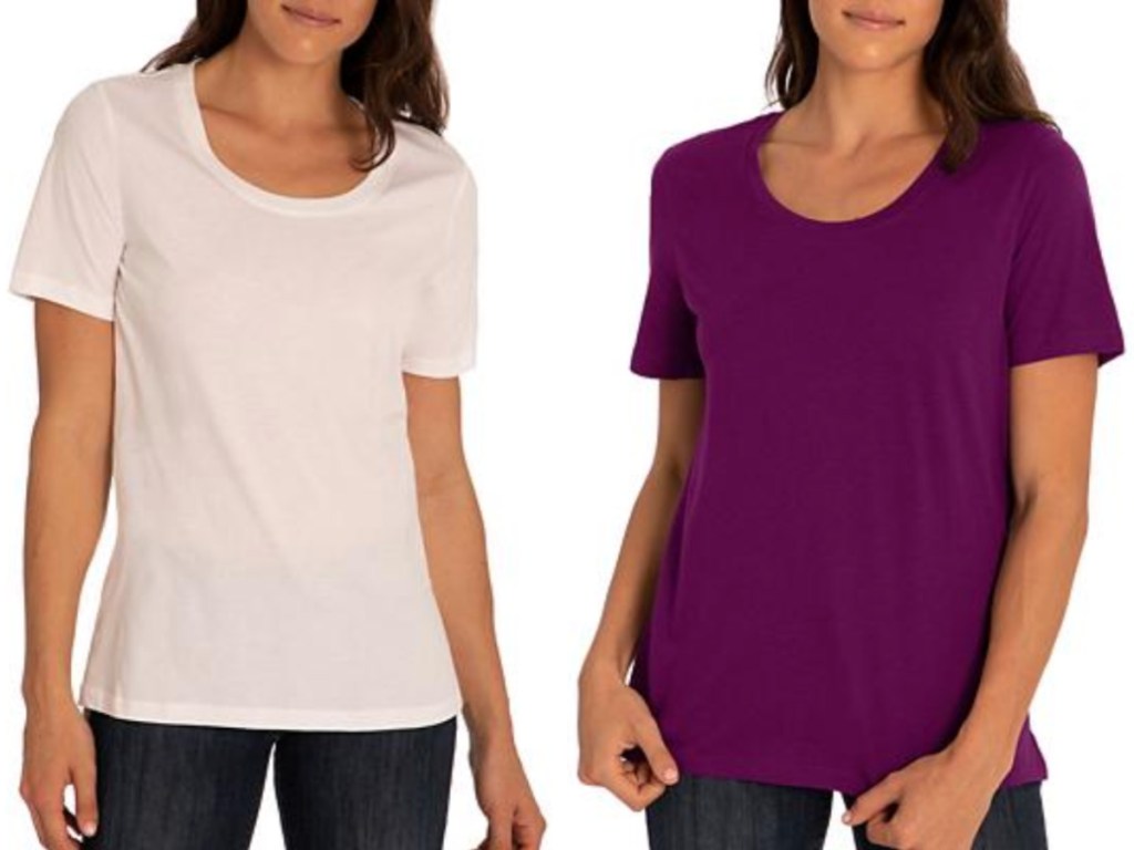 two women wearing Eddie Bauer Women's Scoop Neck T-Shirt in white and plum