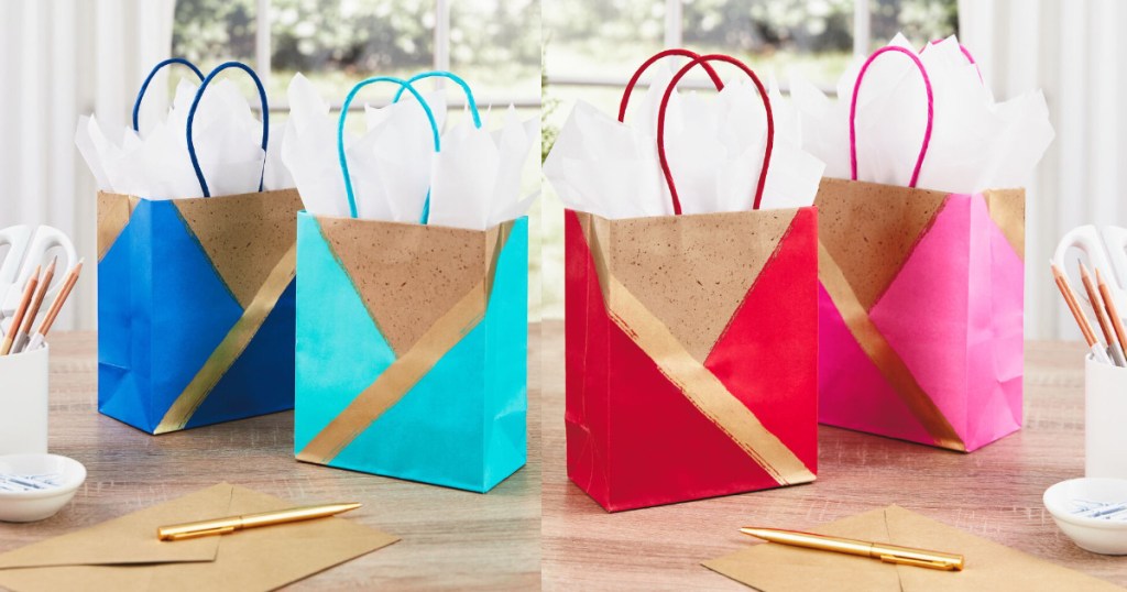 blue, light blue, red, and pink hallmark gift bags