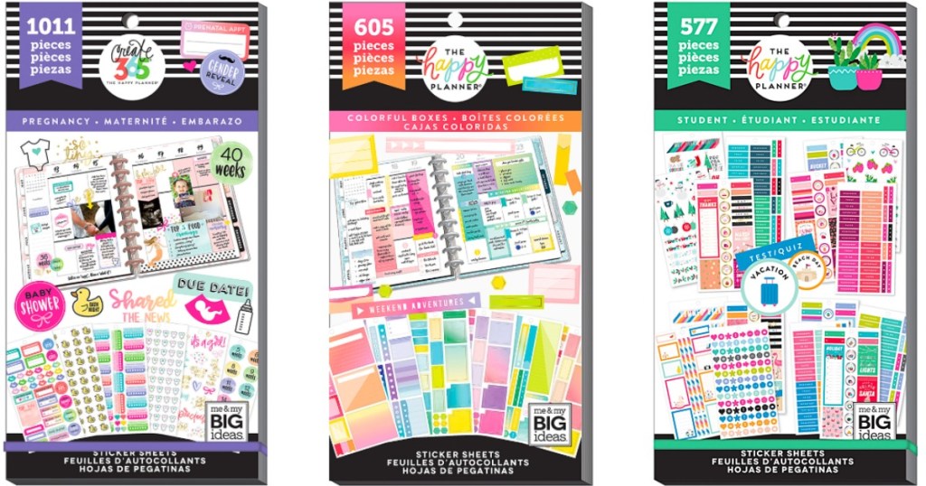 various Happy Planner Sticker Sets in a row