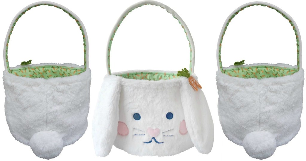 Easter Bunny themed plush basket, front and back view