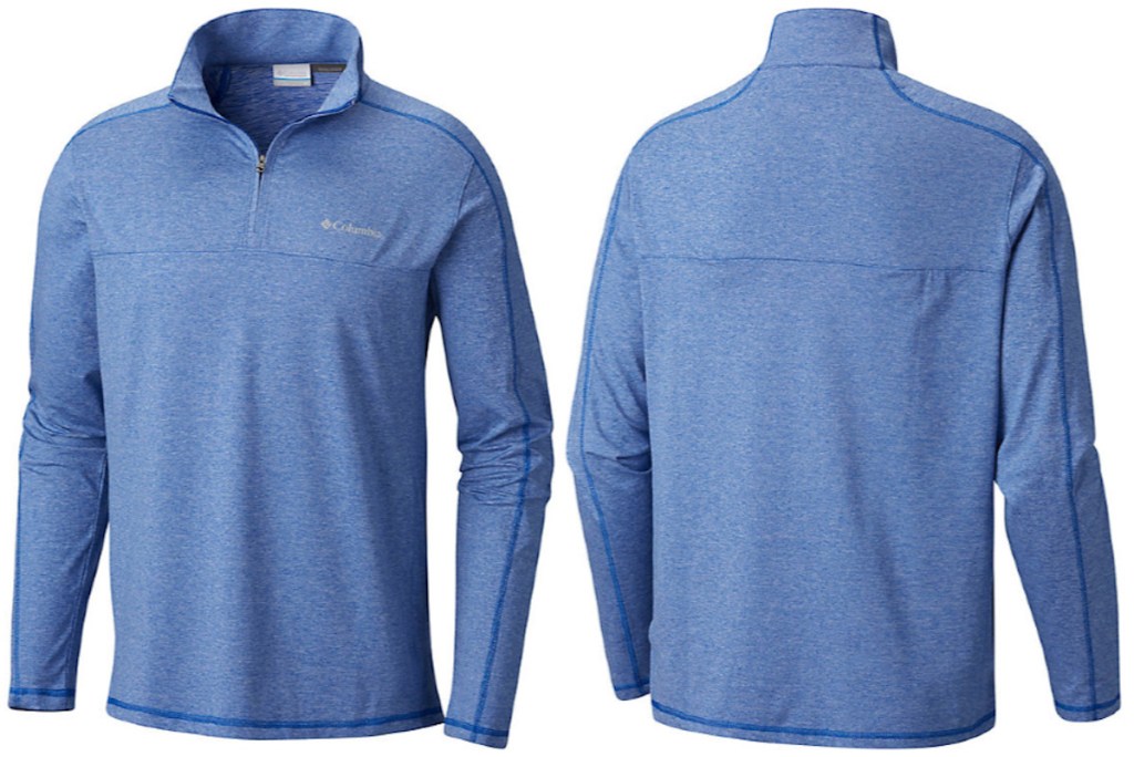 blue colored mens columbia quarter zip jacket front and back image