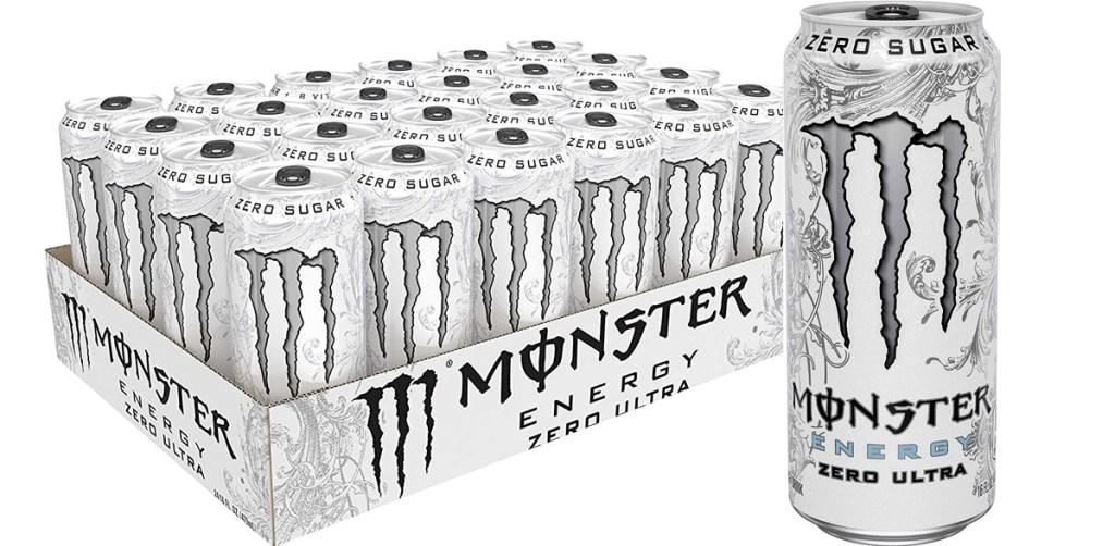 24-pack of monster zero ultra energy drinks in white cans