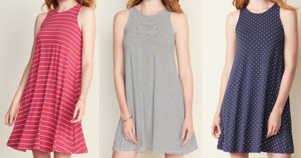 women wearing old navy sleeveless swing dresses