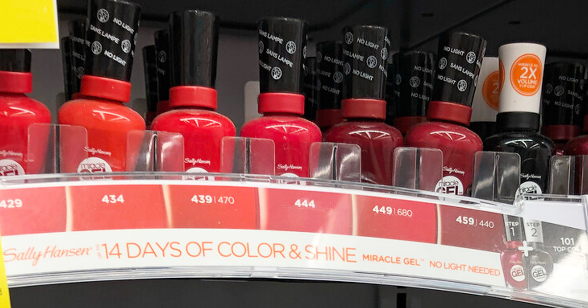 store display of sally hansen miracle gel nail polish in red shades