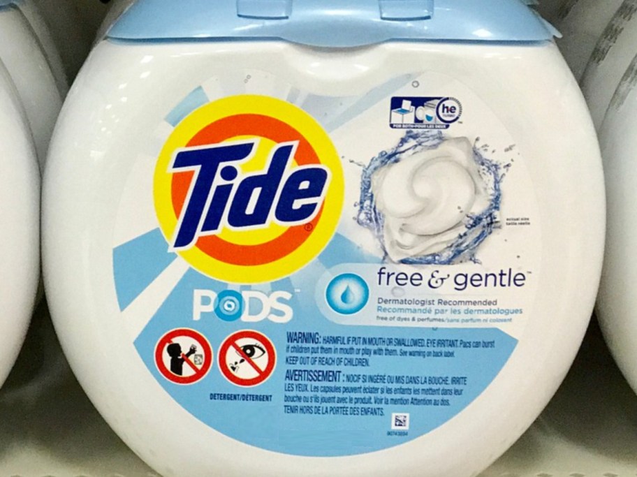 tub of laundry detergent pacs on store shelf