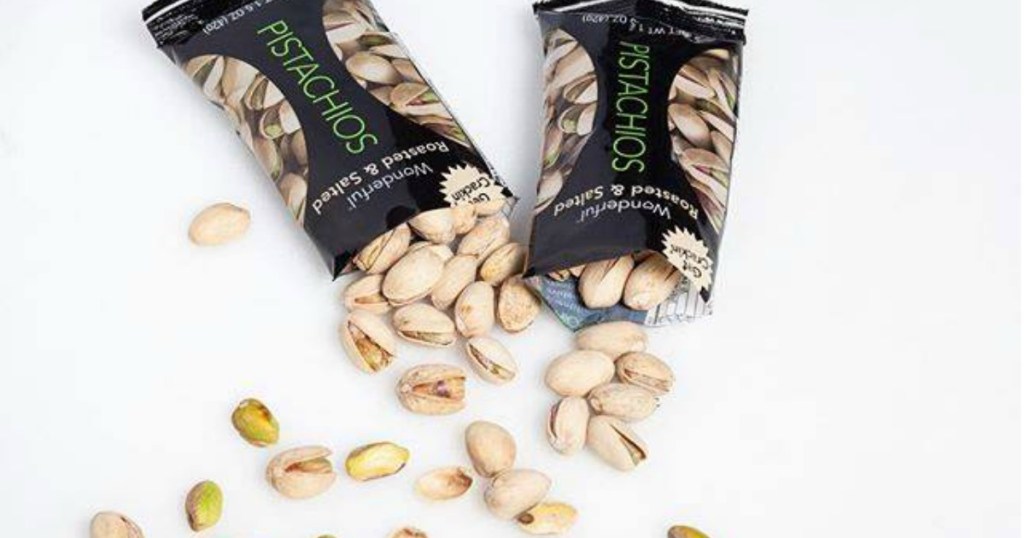 Wonderful Pistachios bags with pistachios spilling out