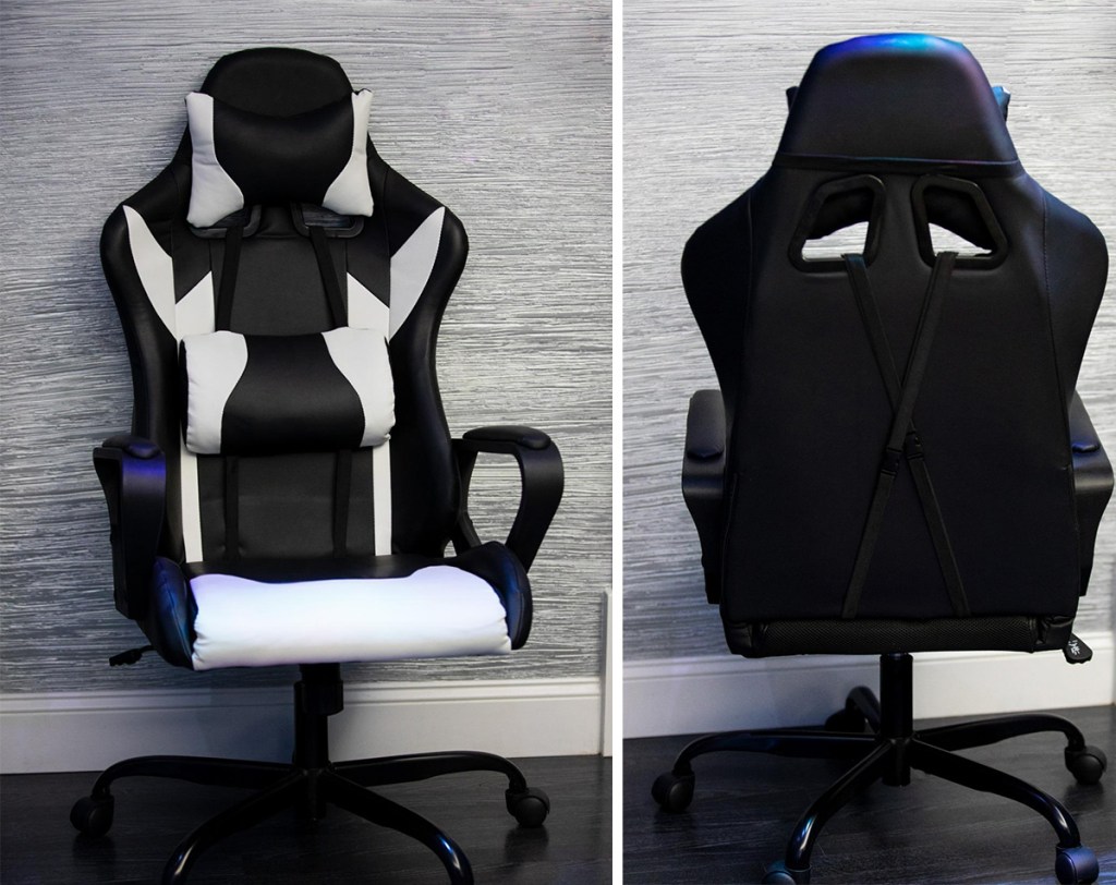 black and white gaming chair showing front and back sides