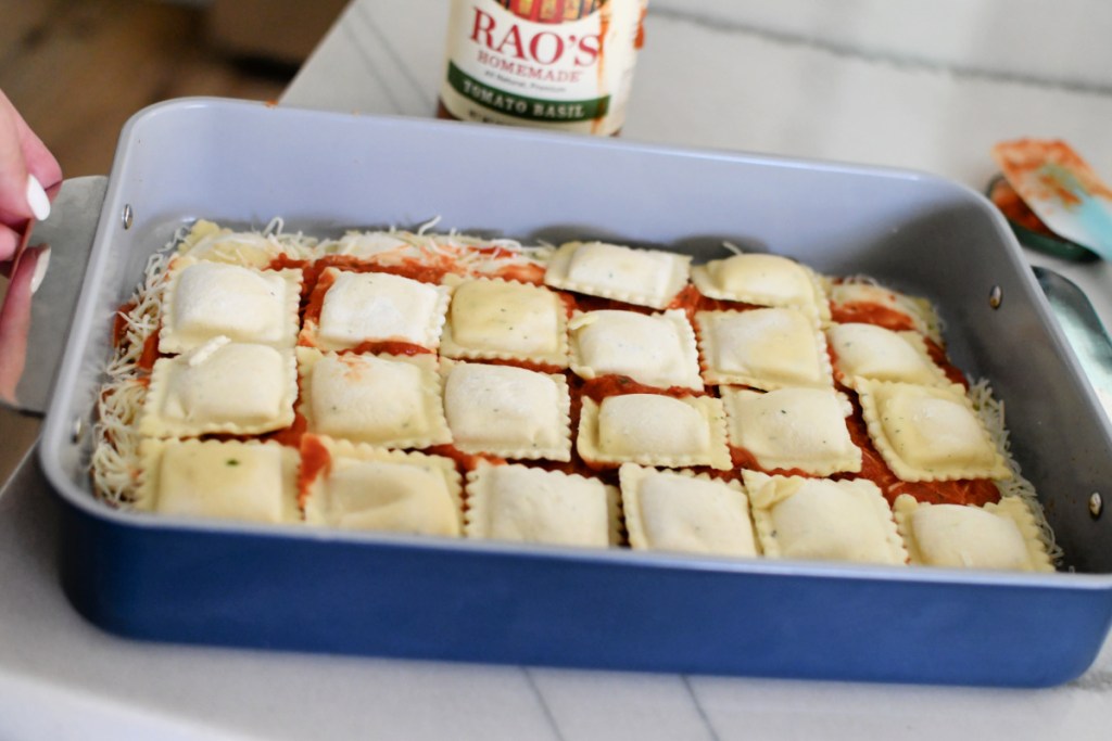 frozen ravioli in a baking dish 