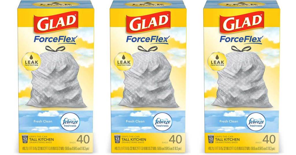 three boxes of glad forceflex with febreze