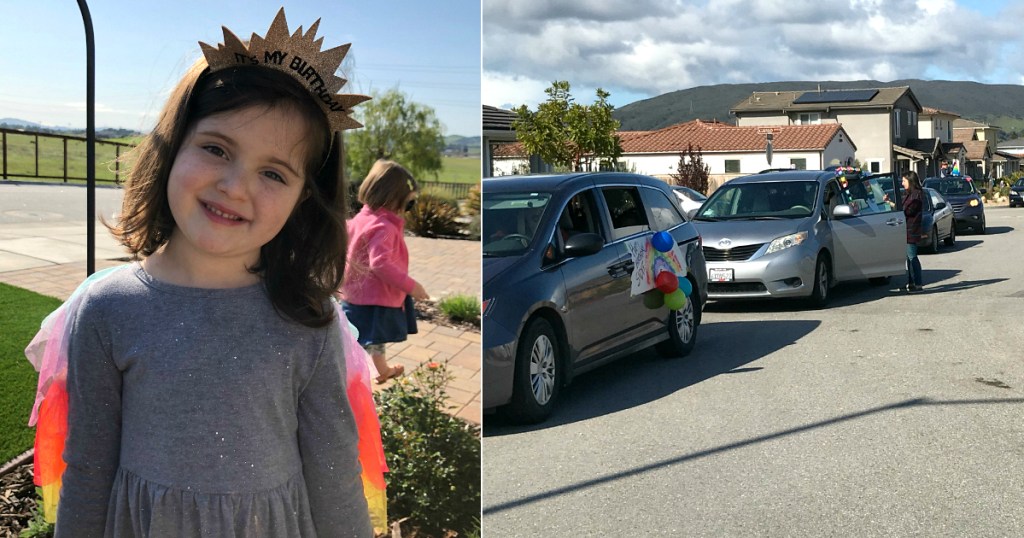 girl standing outside wearing glitter birthday crown next to decorated cars