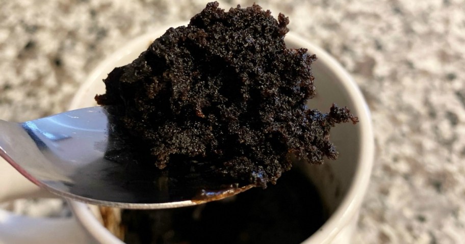 oreo mug cake on spoon