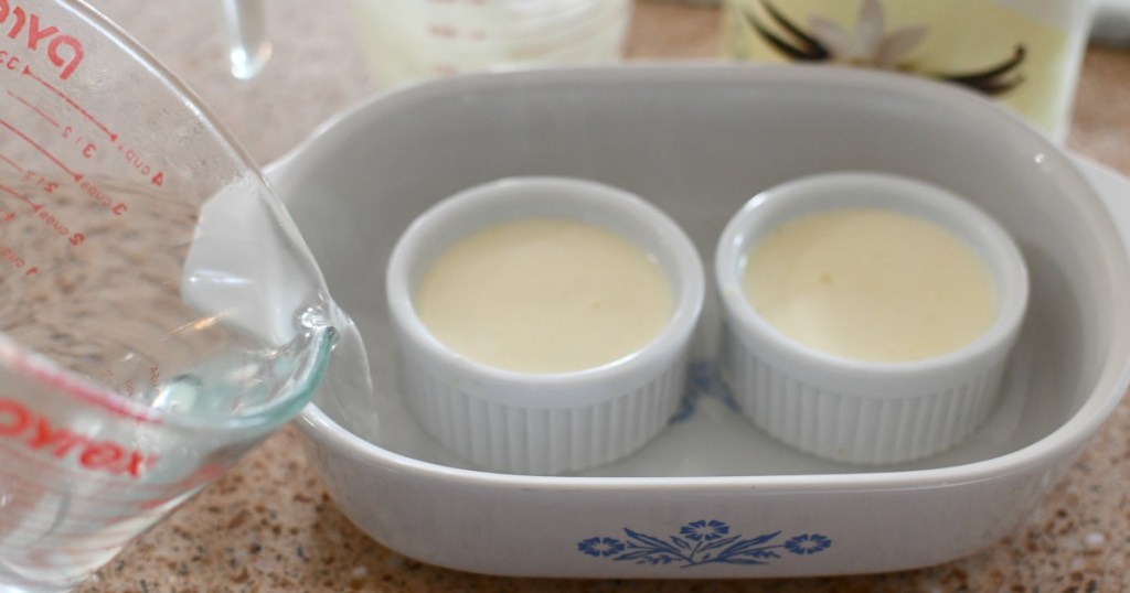 pouring water bath for creme brulee