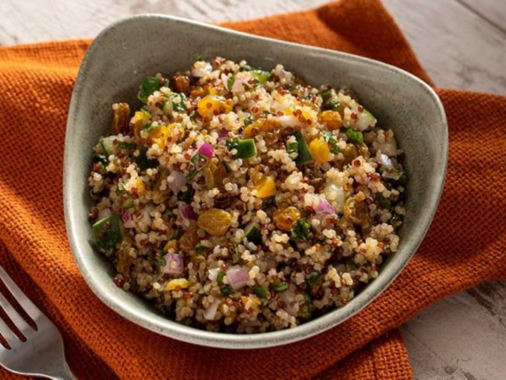 Quinoa Salad in tan bowl