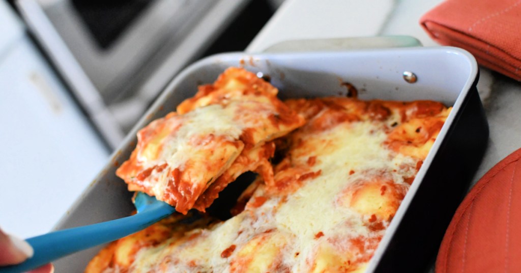 ravioli bake on a spatula after cooking