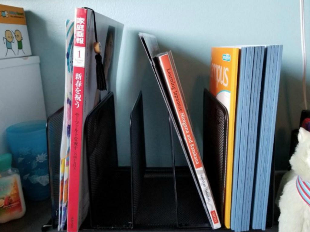 books stacked on black organizer on top of desk