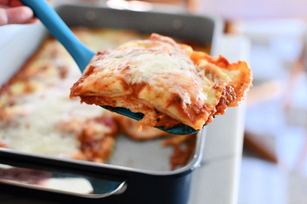 slice of 3 ingredient ravioli bake