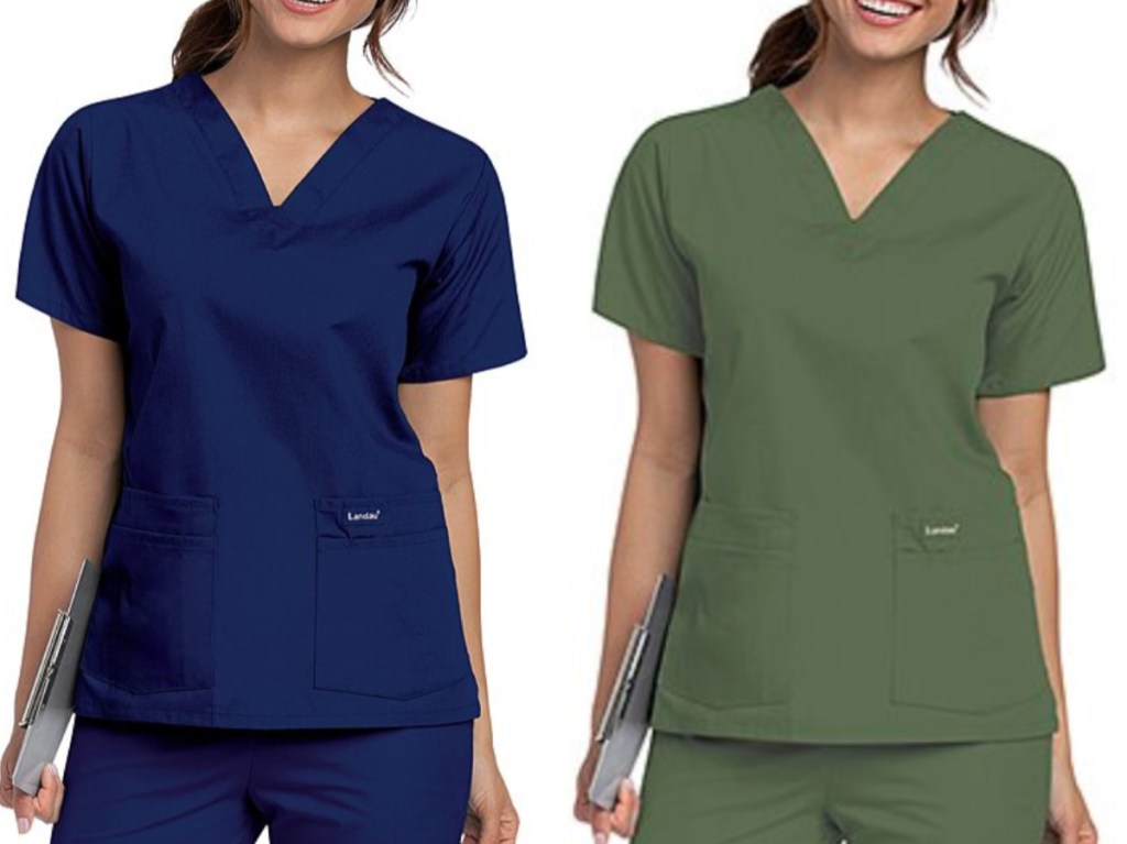 two women wearing short sleeve v-neck scrub tops