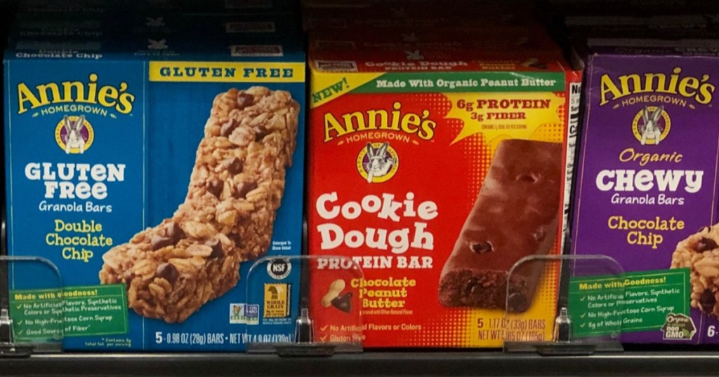 shelf with Annie's Gluten Free Chewy Granola Bars Double Chocolate Chip Bars, and cookie dough bars