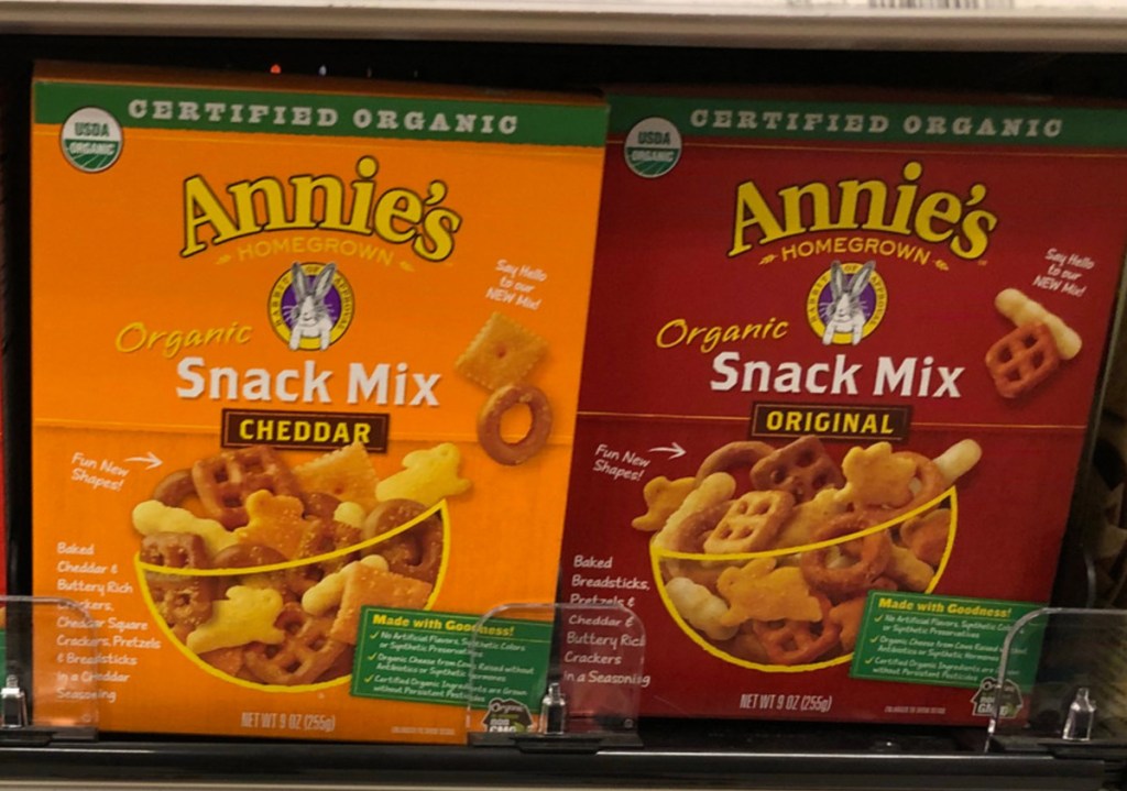 Annie's Homegrown Organic Snack Mix and cheddar mix on shelf