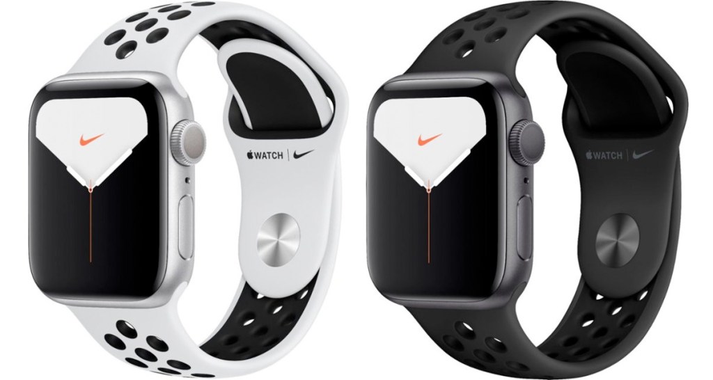 two apple watch nike editions with white and black rubber wrist bands