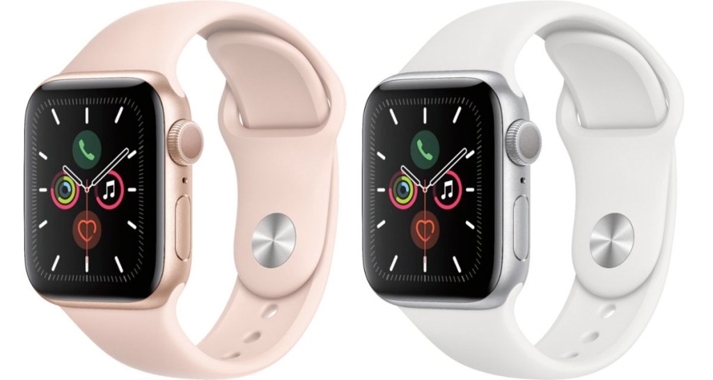 two apple watches series 5 with pink and white wrist bands