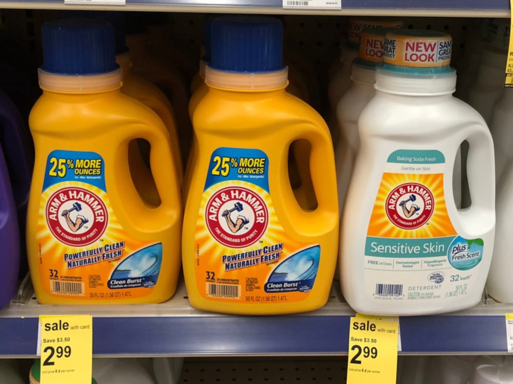 three bottles of Arm & Hammer liquid detergent at walgreens