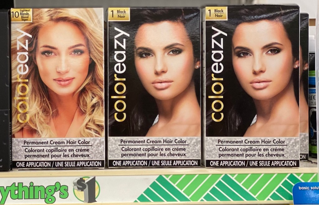 box of Color Eazy hair color on shelf at Dollar Tree