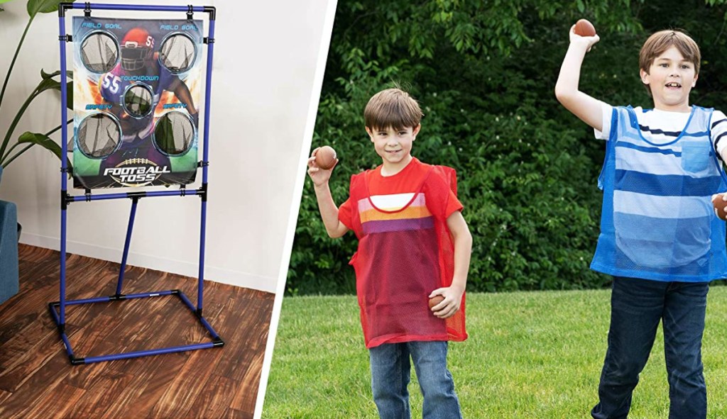 two children outside throwing footballs and football toss game inside home