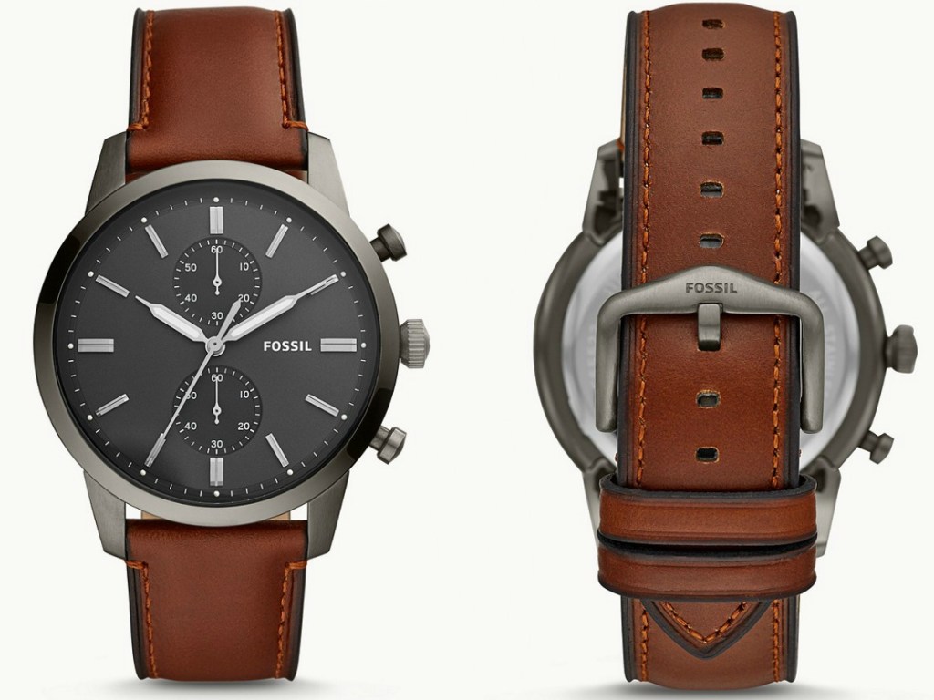 Front and back view of a men's brown leather watch