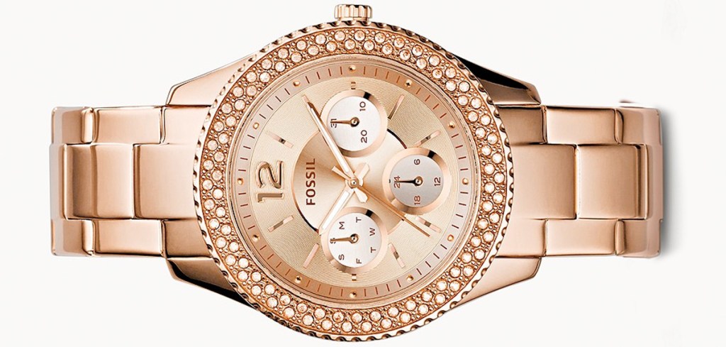 rose gold womens fossil watch with diamond accents around face