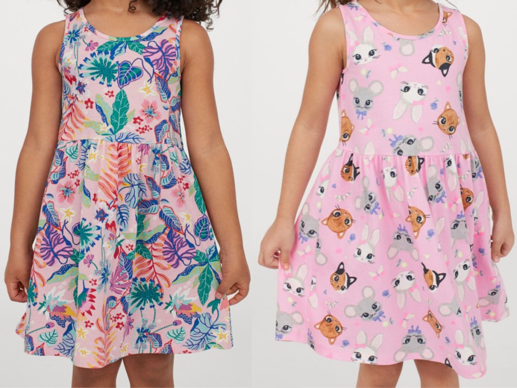 girl in pink floral dress and girl in pink dress with animals